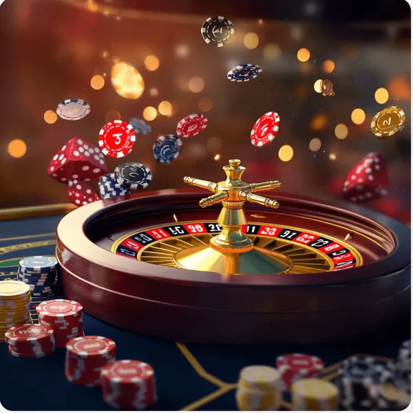 A woman smiling while playing online games on her laptop, surrounded by neon casino elements, showcasing F999’s diverse game collection.